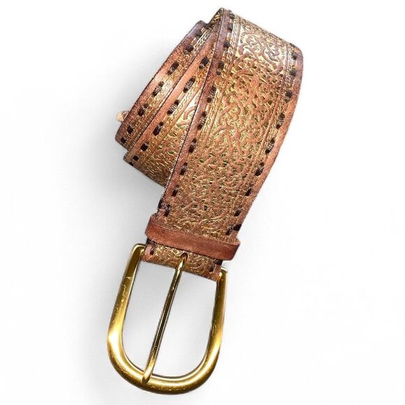 Golden Embossed Brown Leather Belt with Solid Brass Buckle size Medium - Picture 5 of 7